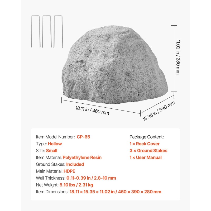 Keinotekoinen polyeteenikivikansi koko S 460 x 390 x 280 mm