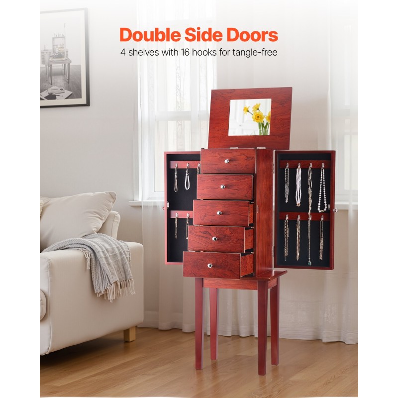 Korukaappi MDF-runkoinen puujäljitelmäpinta 4 laatikkoa 16 kaulakorukoukkua peilillä