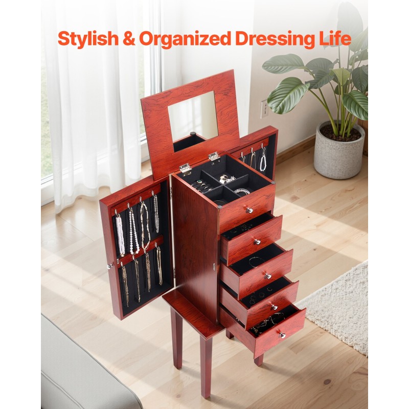 Korukaappi MDF-runkoinen puujäljitelmäpinta 4 laatikkoa 16 kaulakorukoukkua peilillä