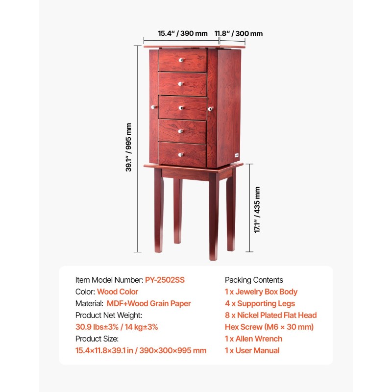 Korukaappi MDF-runkoinen puujäljitelmäpinta 4 laatikkoa 16 kaulakorukoukkua peilillä