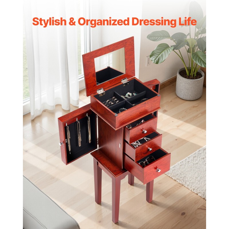 Vapaasti seisova korukaappi MDF-runko puunsävyinen 3 laatikkoa 4 lokeroa 6 koukkua