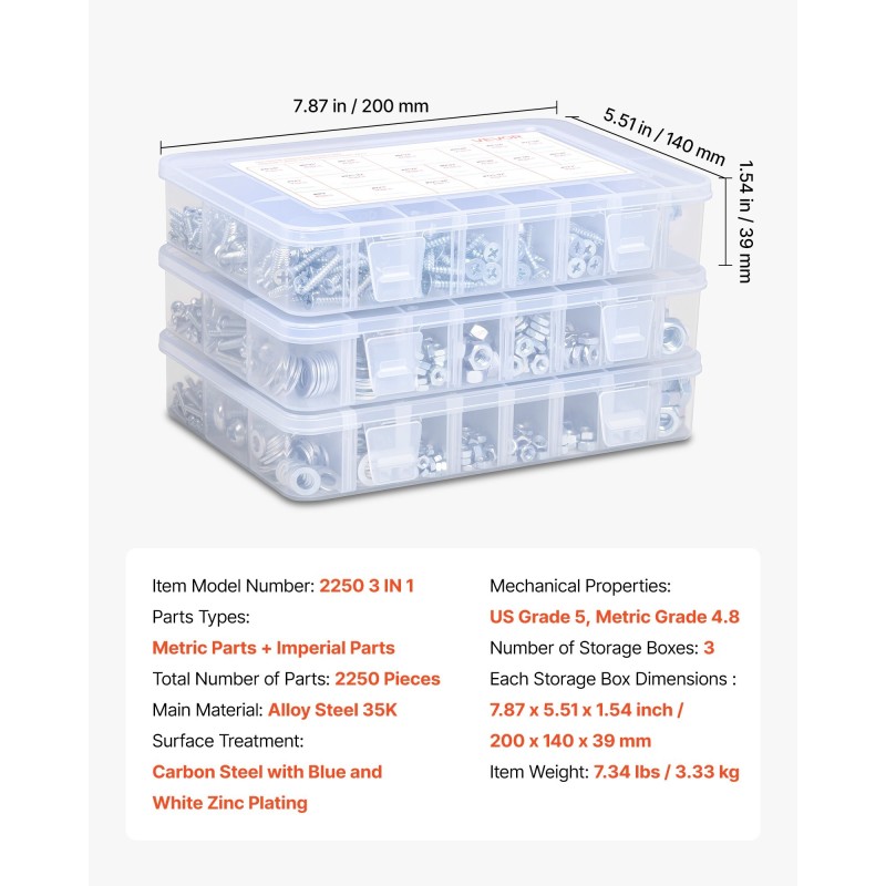 Pultti- ja mutterilajitelma 2250 osaa metriset ja tuumaiset seosteräksiset sinkityt säilytyslaatikoilla