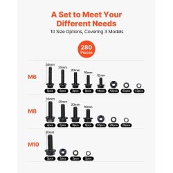 Pultti- ja mutterilajitelma seosteräksestä 280 osaa M6, M8 ja M10 läpinäkyvä säilytyslaatikko