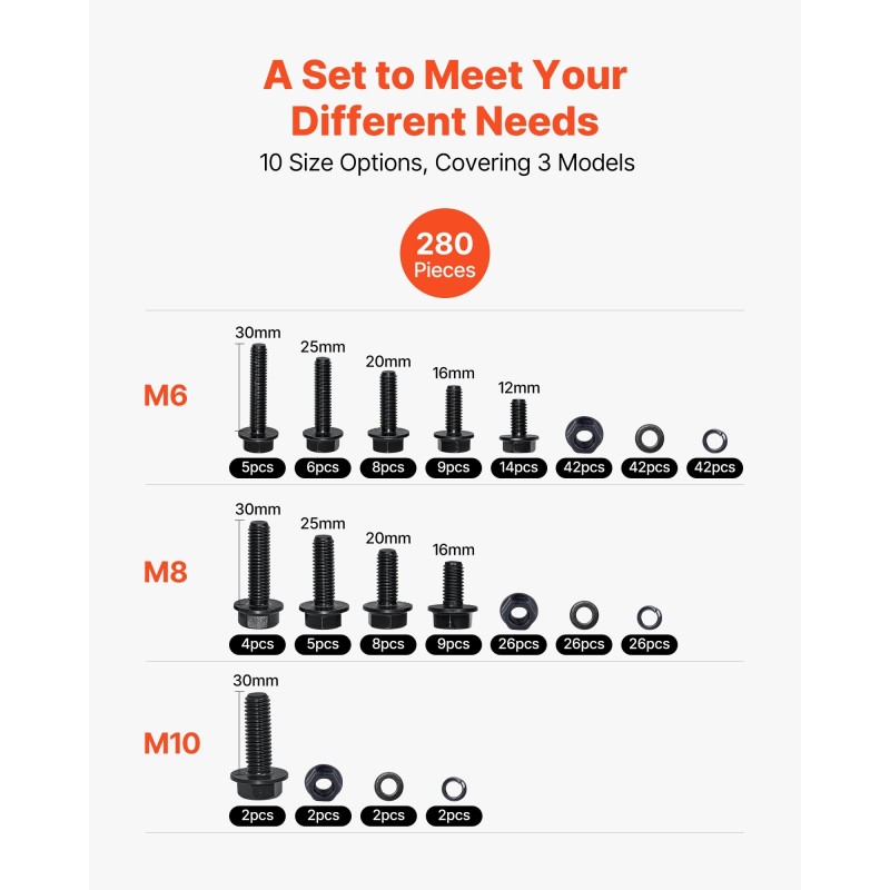 Pultti- ja mutterilajitelma seosteräksestä 280 osaa M6, M8 ja M10 läpinäkyvä säilytyslaatikko