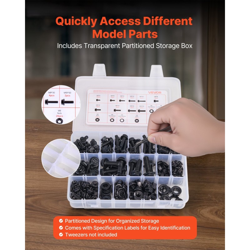 Pultti- ja mutterilajitelma seosteräksestä 280 osaa M6, M8 ja M10 läpinäkyvä säilytyslaatikko