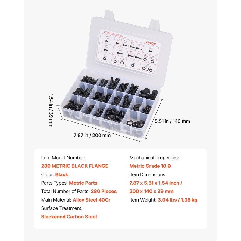 Pultti- ja mutterilajitelma seosteräksestä 280 osaa M6, M8 ja M10 läpinäkyvä säilytyslaatikko