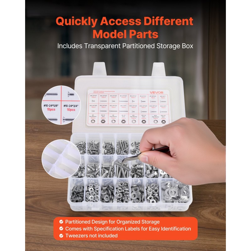 Pultti- ja mutterilajitelma 720 osaa ruostumatonta terästä säilytyslaatikolla