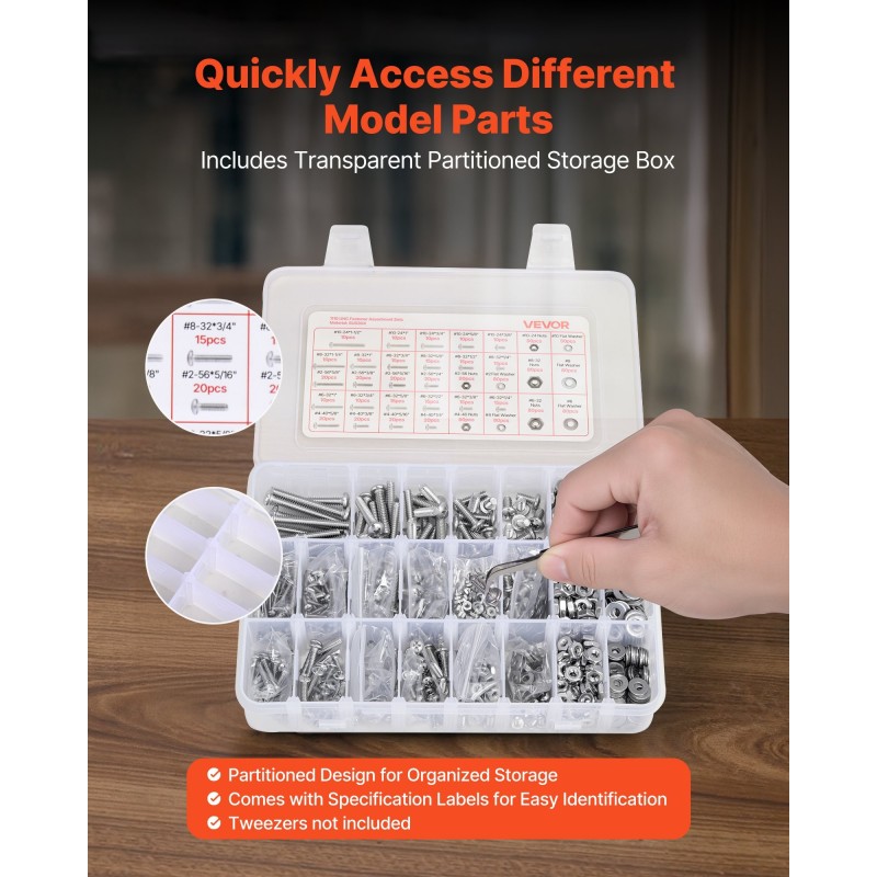 Pultti ja mutterisetti 1110 osaa ruostumatonta terästä läpinäkyvällä säilytyslaatikolla