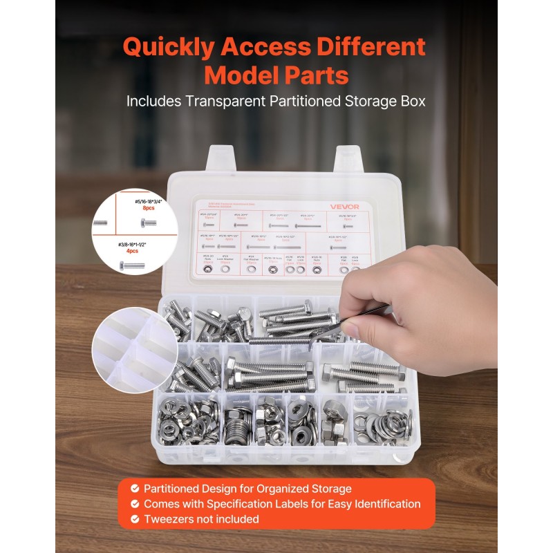 Pultti- ja mutterilajitelma 246 osaa ruostumattomasta teräksestä säilytyslaatikolla