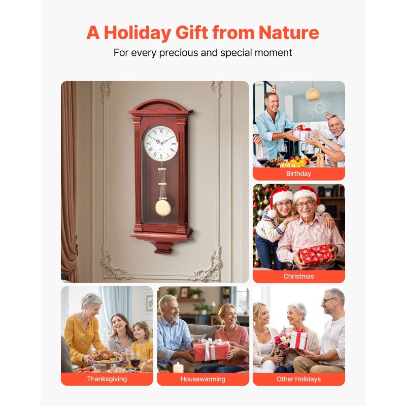 Seinäheilurikello mäntyrunko ja MDF-levy kirsikan sävy 680 mm korkea hiljainen kvartsikoneisto