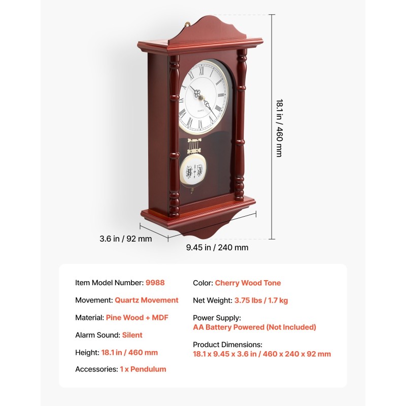 Heiluriseinäkello 18 tuumaa 457 mm mäntypuu MDF-levy kirsikkapuun sävy hiljainen kvartsikoneisto