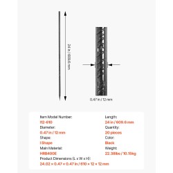 Suorat raudoitustapit 610 mm 12 mm HRB400E terästä 20 kpl musta