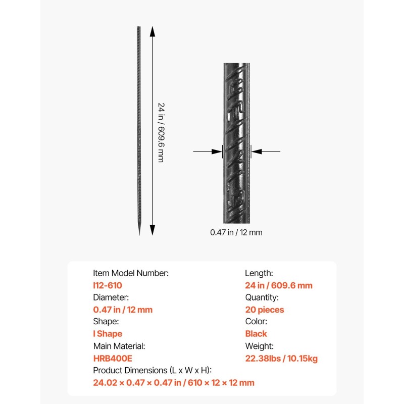 Suorat raudoitustapit 610 mm 12 mm HRB400E terästä 20 kpl musta