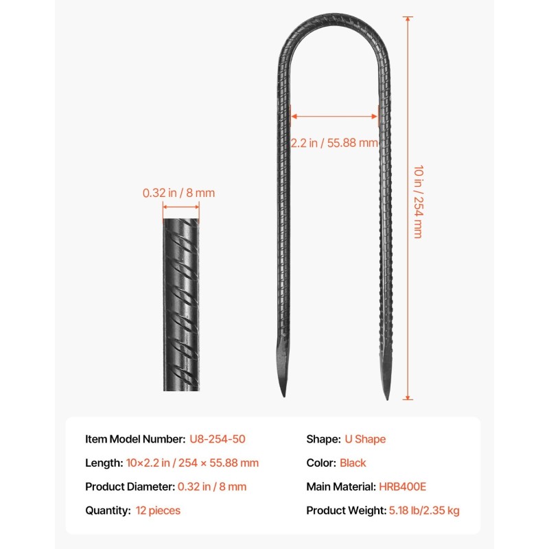 U-muotoiset galvanoidut maakiilat terästä musta pinnoite 254 mm 8 mm 12 kpl