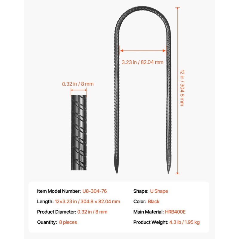 U-muotoiset maakiilat galvanoitua terästä 300 mm 8 mm 8 kpl musta