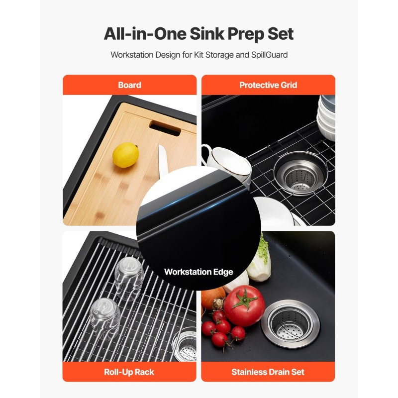 Alta-asennettava kvartsikomposiitti yksialtainen keittiöallas 76 cm musta lisävarusteilla