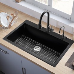 Päältä asennettava 84 cm keittiöallas yksiallas kvartsihiekka ja hartsi musta