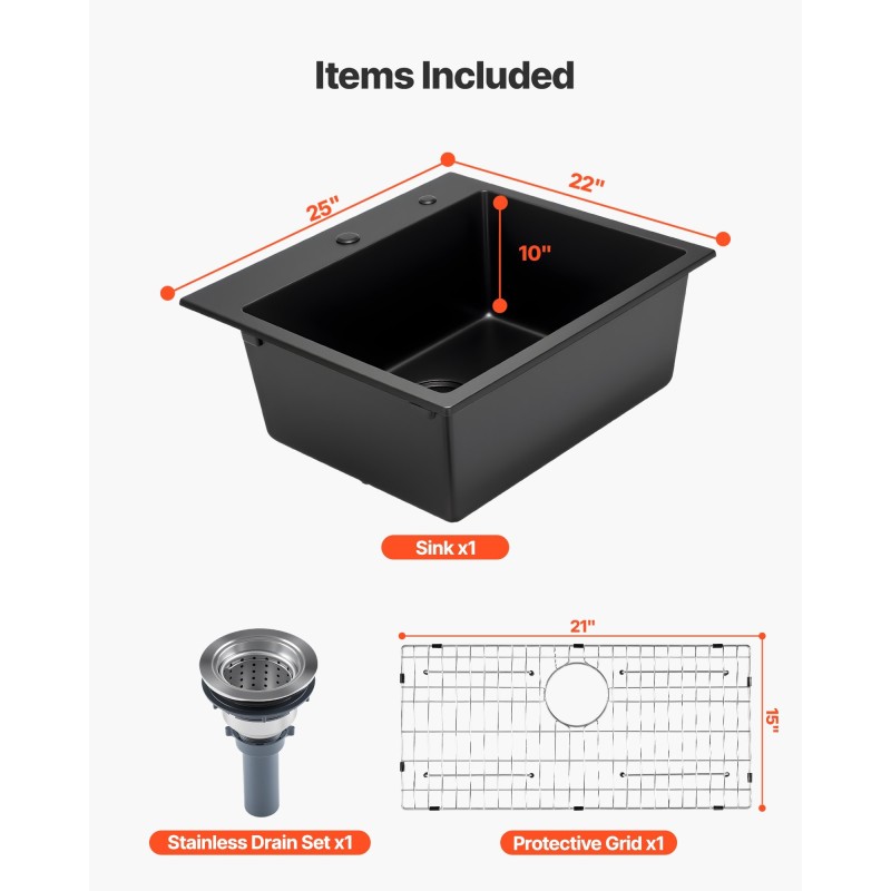 Keittiöallas päältä asennettava graniittikomposiitti 63 cm musta yksi syvä allas lisävarusteilla