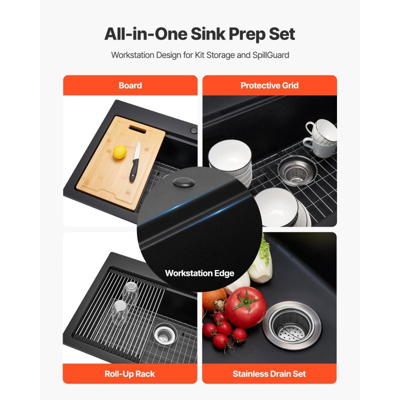 Päälle asennettava yksialtaallinen graniittikomposiittiallas 84 cm musta tarvikkeilla keittiöön