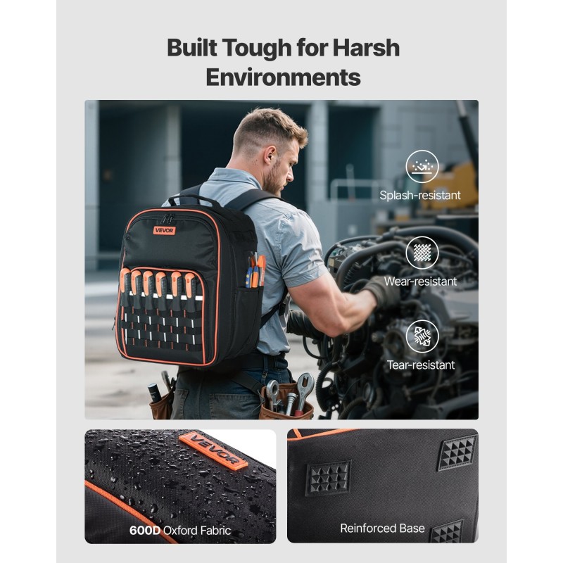 Työreppu 600D polyesterikangas 49 taskua erillisellä läppärilokerolla ja vahvistetulla pohjalla sähköasentajille