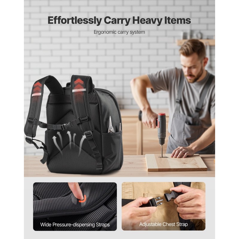 Työreppu 600D polyesterikangas 49 taskua erillisellä läppärilokerolla ja vahvistetulla pohjalla sähköasentajille