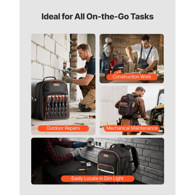 Työreppu 600D polyesterikangas 49 taskua erillisellä läppärilokerolla ja vahvistetulla pohjalla sähköasentajille