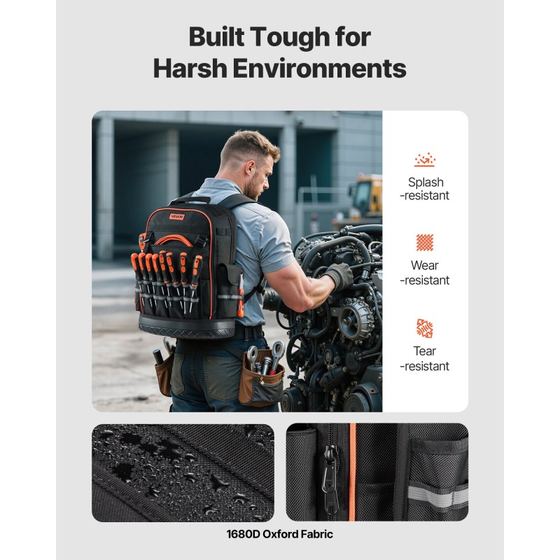 Työkalureppu 64 taskua 1680D ja 600D polyesteri PVC-pohjalla kannettavalle tietokoneelle lokero