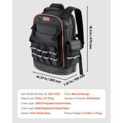 Työkalureppu 64 taskua 1680D ja 600D polyesteri PVC-pohjalla kannettavalle tietokoneelle lokero