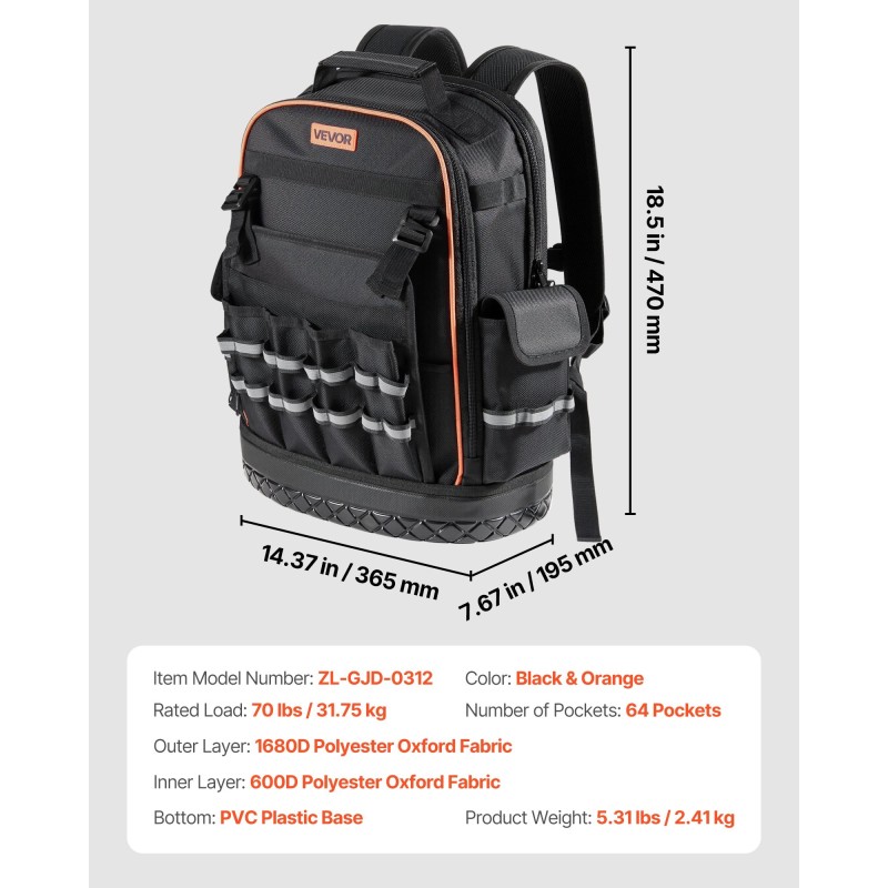 Työkalureppu 64 taskua 1680D ja 600D polyesteri PVC-pohjalla kannettavalle tietokoneelle lokero