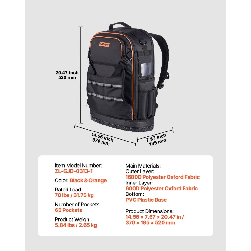 Työreppu kuusikymmentäviisi taskua kestävä polyesteri oxford-kangas erillisellä kannettavan tietokoneen lokerolla muotoiltu