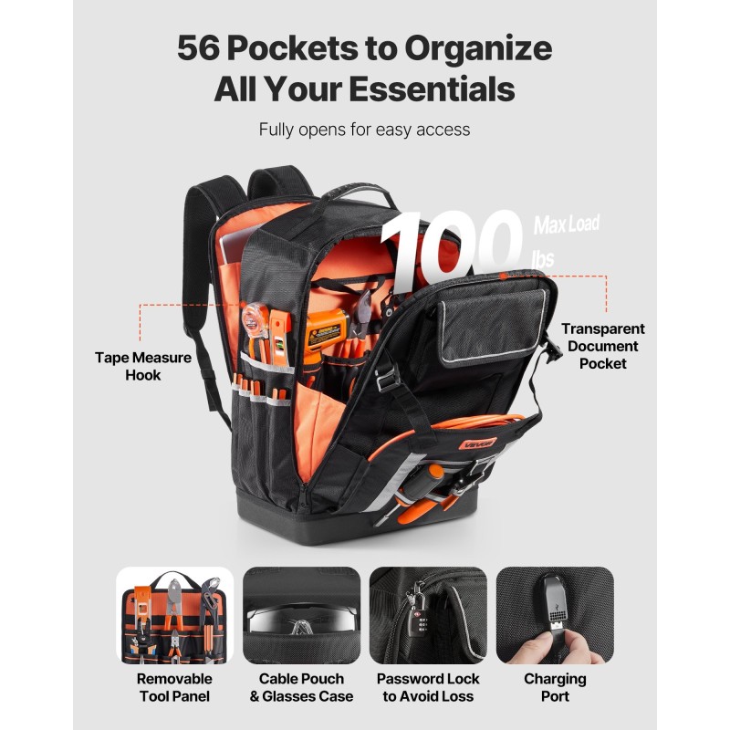 Työkalureppu 56 taskua sähköasentajille 1680D ulkokangas 600D sisäpuoli PVC pohja