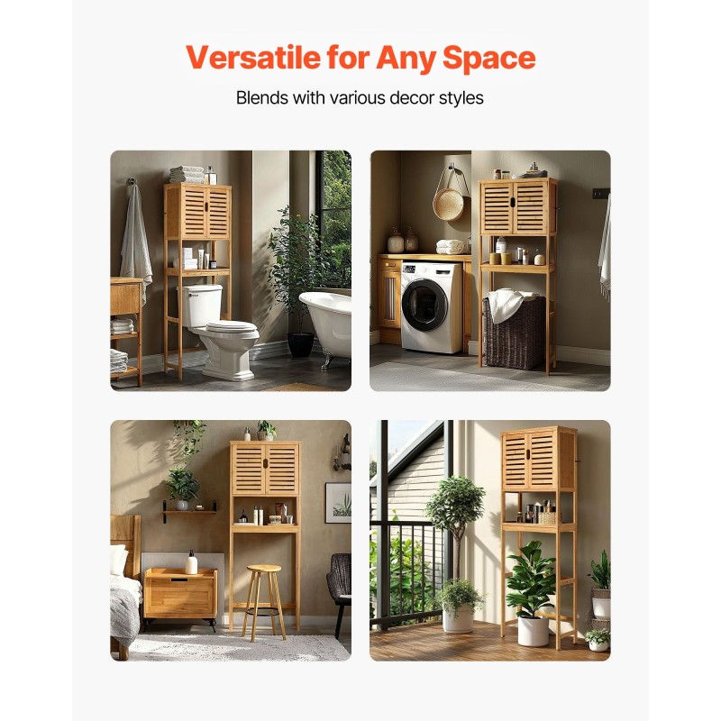 Säilytyskaappi bambusta ja MDF 175 cm korkea kapea wc:n yläpuolelle kolmitasoinen