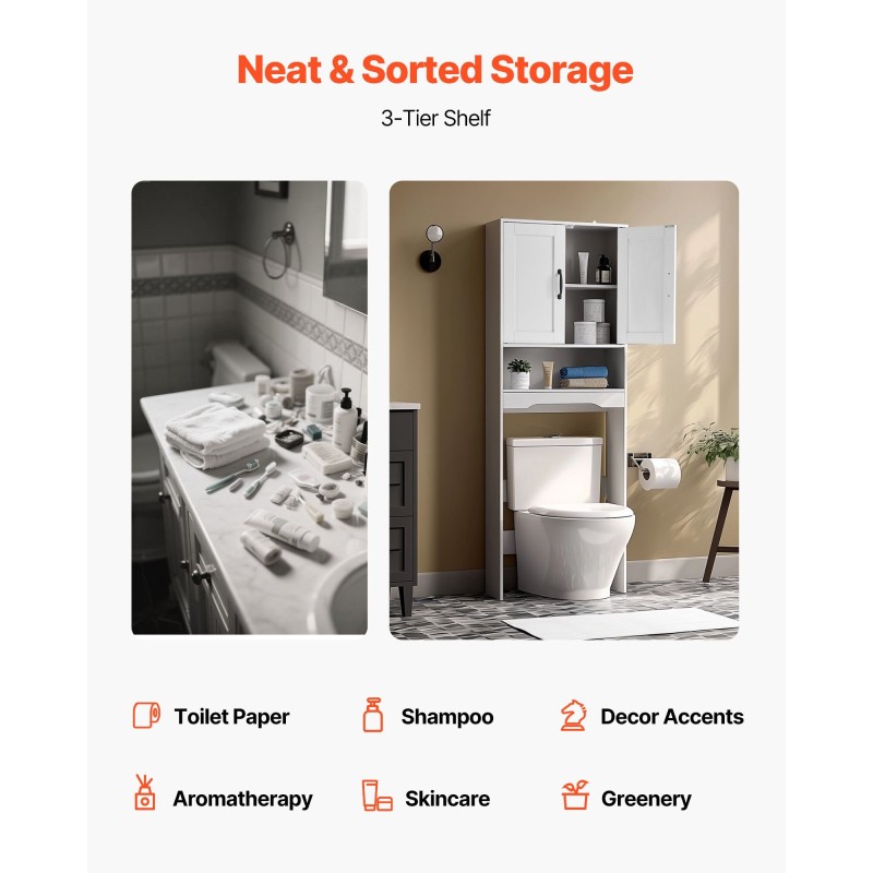 Säilytyskaappi WC:n yläpuolelle kolmitasoinen lastulevy ja MDF valkoinen