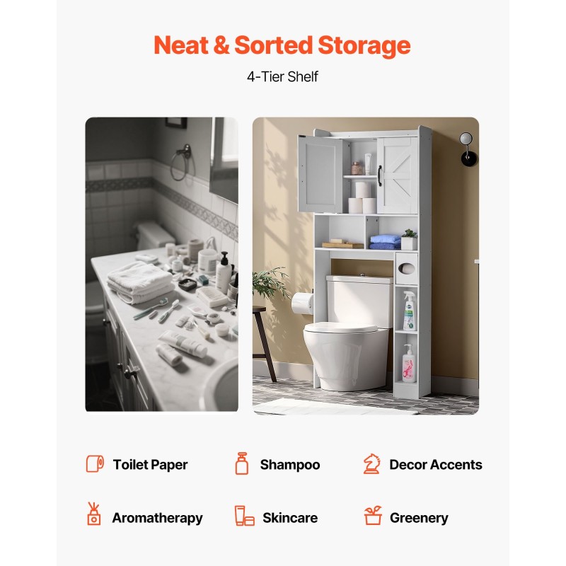 Säilytyskaappi WC:n yläpuolelle valkoinen lastulevy ja MDF 168 cm 4 tasoa