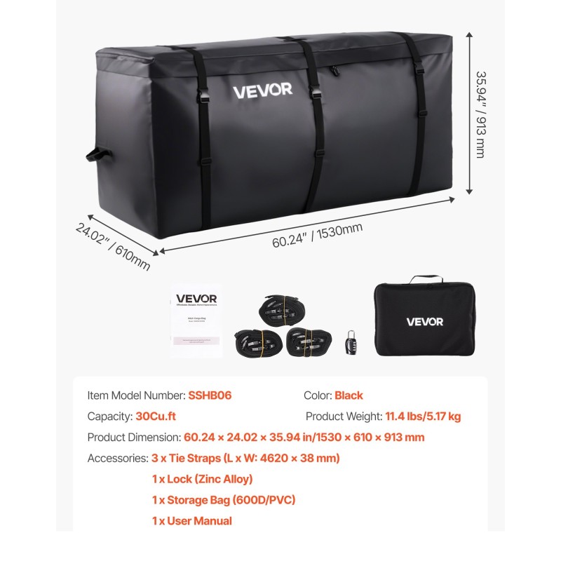 Vetokoukkuun kiinnitettävä kuljetuslaukku 840D PVC vesitiivis 30Cu.ft musta