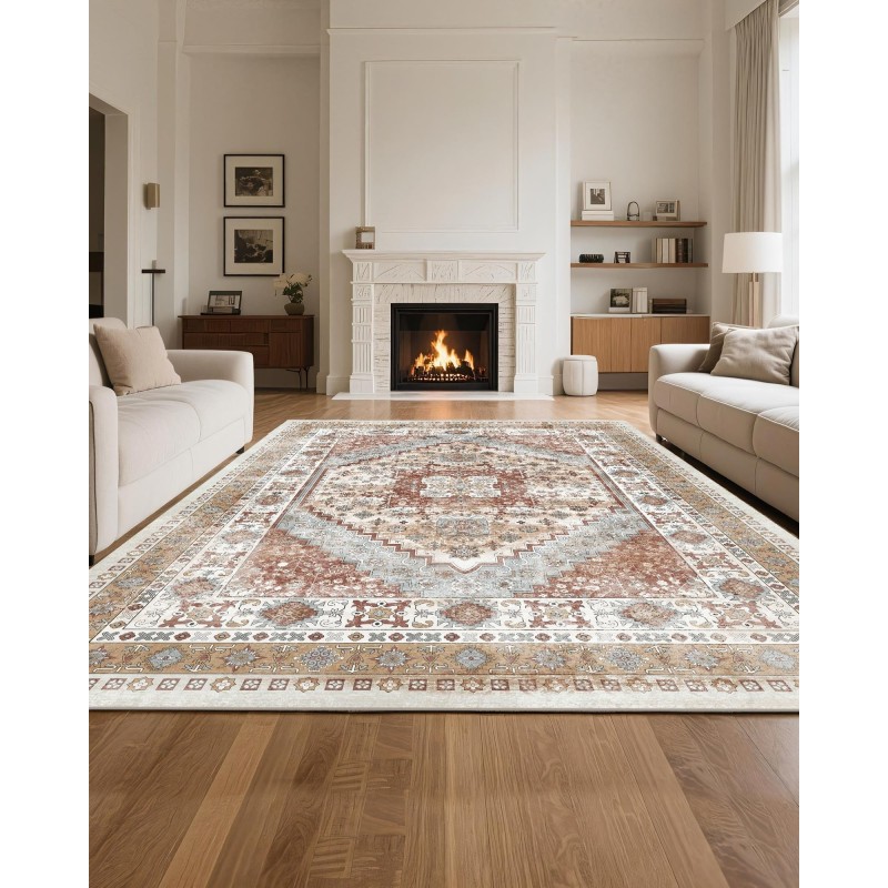 Matto 2439 x 3048 mm konepestävä keinotekoinen kashmir liukuestopohja ruskea-punainen