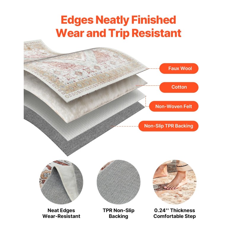 Matto 2439 x 3048 mm konepestävä keinotekoinen kashmir liukuestopohja ruskea-punainen