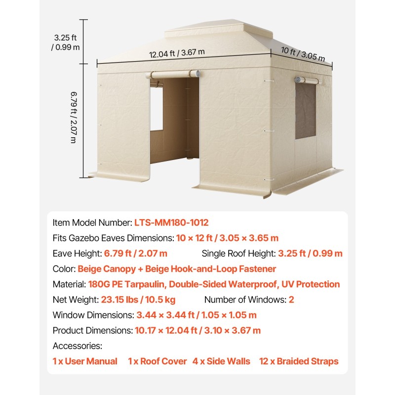 Paviljongin talvikate kaksikerroksiselle 180G PE-materiaali vedenpitävä 3,05×3,65 m beige