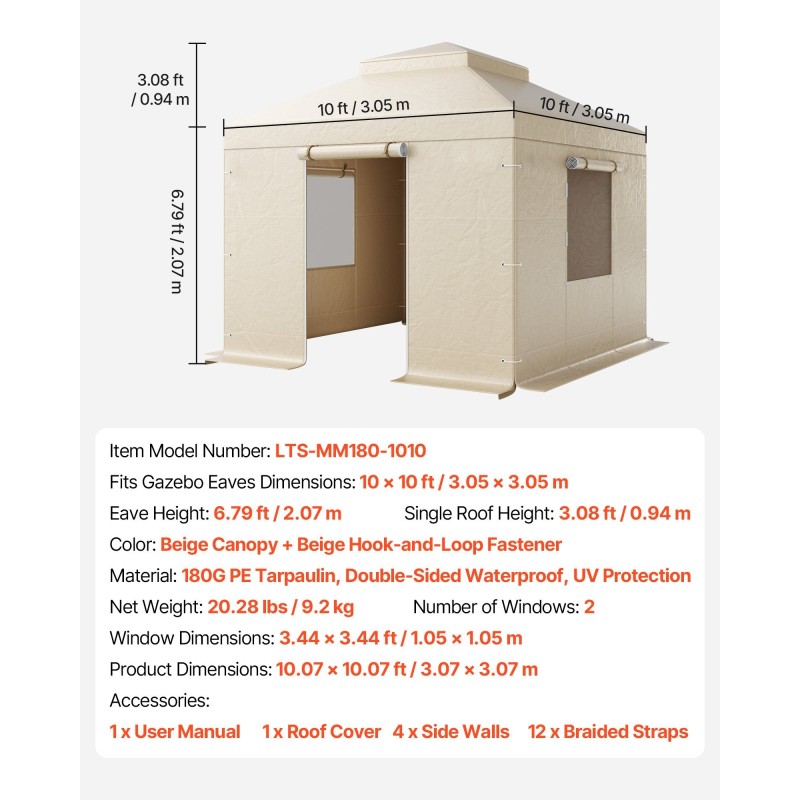 Paviljongin talvisuoja 180G PE 3,05×3,05 m kaksikerroksinen ikkunallinen