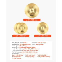 3-osainen symbaalipaketti ruostumattomasta teräksestä 14/16/20 tuumaa harjoitteluun ja esiintymisiin