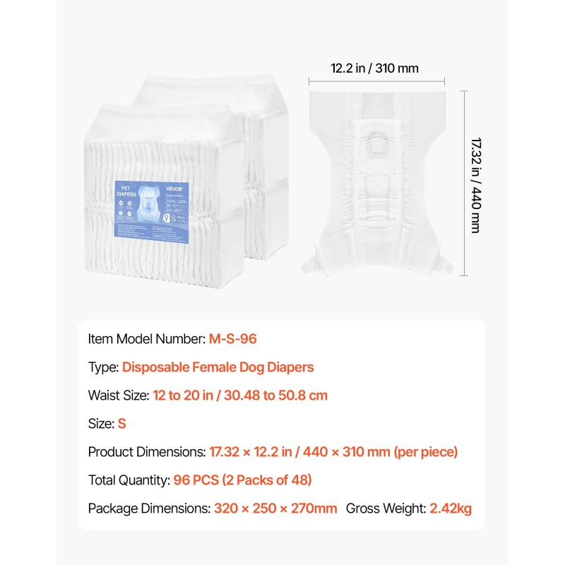 Kertakäyttöiset narttukoiran vaipat koko S 96 kpl 360 asteen vuotosuojalla