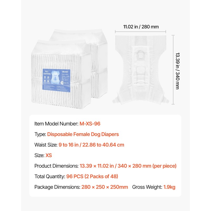 Kertakäyttöiset narttukoirien vaipat XS vyötärönympärys 22–41 cm 96 kpl