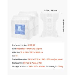 Kertakäyttöiset vaipat narttukoirille koko M 96 kpl 360 asteen vuotosuoja kosteusindikaattorilla
