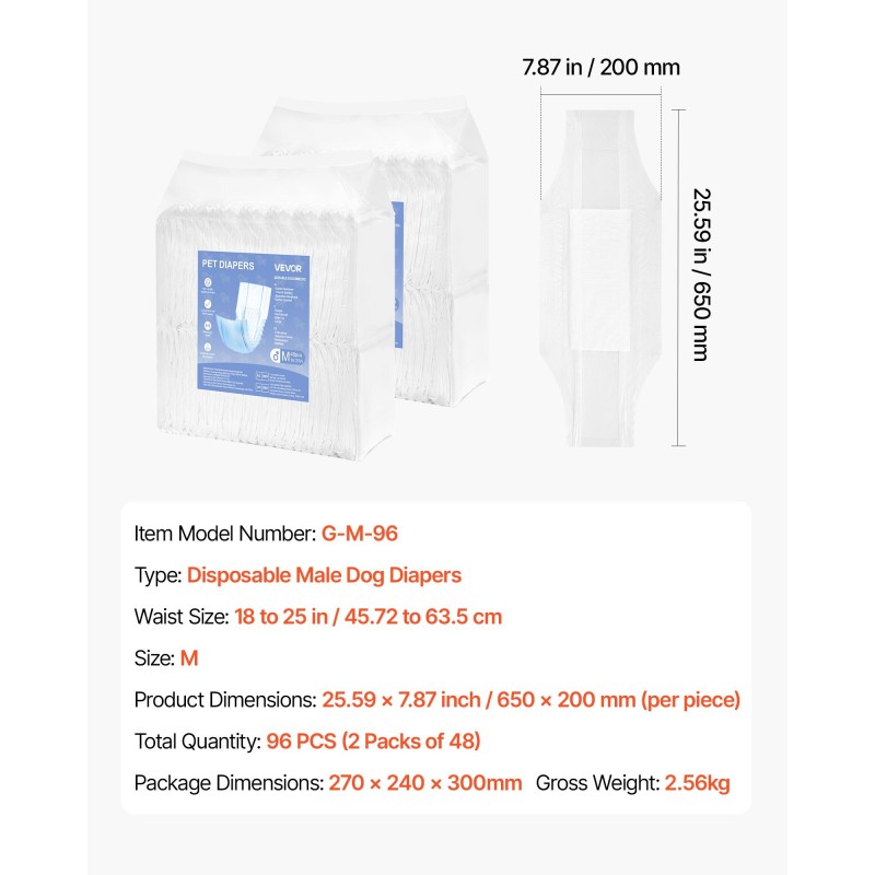 Kertakäyttöiset uroskoiran vaipat koko M 45–63 cm 96 kpl 360 asteen vuotosuoja