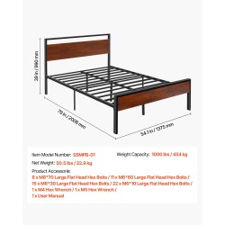 Metallinen sängyn runko ruskealla puupäädyllä 35 cm korkeus 12 tuuman maavara