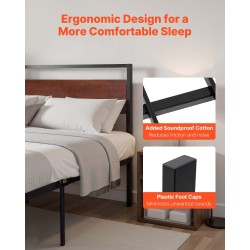 Metallinen queen-kokoinen sängynrunko mustalla alustalla 12 tuuman maavaralla retro ruskealla puupäädyllä