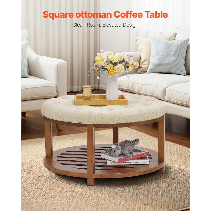 Pyöreä rahi-sohvapöytä pellavakankaalla ja puuisella alahyllyllä 81 cm