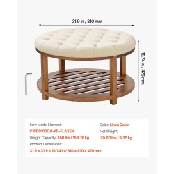 Pyöreä rahi-sohvapöytä pellavakankaalla ja puuisella alahyllyllä 81 cm