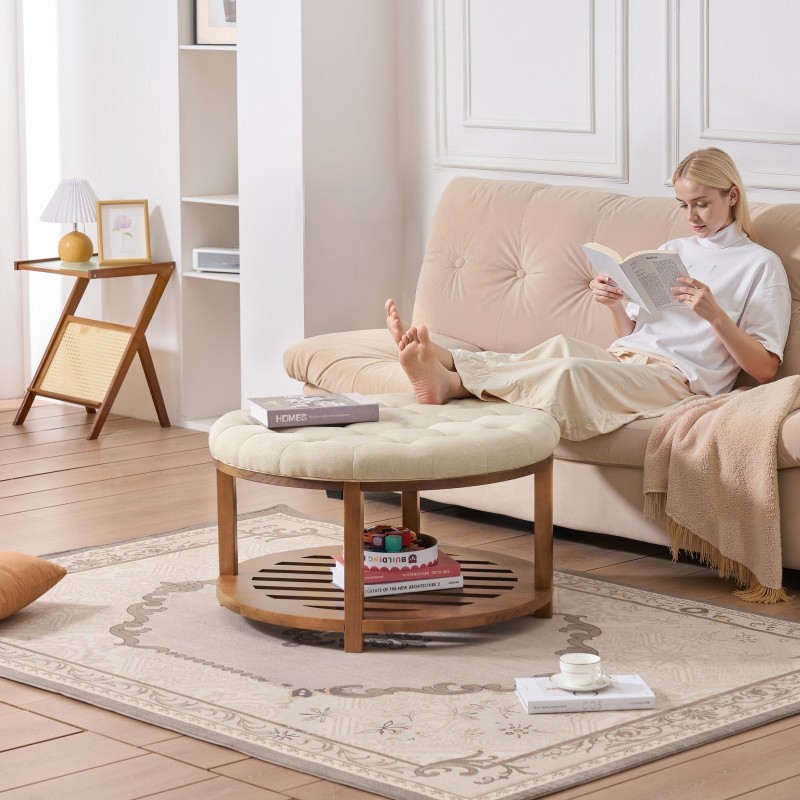 Pyöreä rahi-sohvapöytä pellavakankaalla ja puuisella alahyllyllä 81 cm