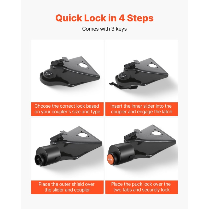 Perävaunun vetokidan lukko hiiliteräs 58,6 mm laipallinen 6 mm seinämä 3 avainta